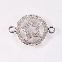 Platinum Brass Micro Pave Cubic Zirconia Pentacle Links, Clear, Nickel Free & Lead Free & Cadmium Free, Flat Round with Star, Colorful, Platinum, 14x20.5x2mm, Hole: 1mm