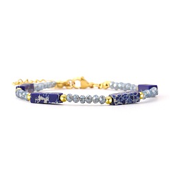 Midnight Blue Bohemian Dyed Synthetic Imperial Jasper Cuboid and Glass Beaded Bracelets with 304 Stainless Steel End Chains, Golden, Midnight Blue, 7.09 inch(18cm)