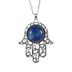 Lapis Lazuli Natural Lapis Lazuli Pendant Necklaces, Stainless Ssteel Cable Chains, Hamsa Hand, 19.69 inch(50cm)