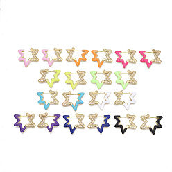 Gemischte Farbe Messing Micro Pave klare Zirkonia Huggie Creolen, mit Emaille, golden, Nickel frei, Stern, Gemischte Farbe, 23x25.5x3 mm, Stift: 0.9 mm