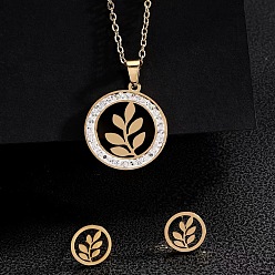 Лист Кольцо 201 ожерелья и серьги-гвоздики из нержавеющей стали с кристаллами и стразами, золотые, лист, 450 мм