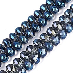 Marine Blue Electroplate Baking Paint Transparent Glass Beads Strands, Top Drilled Beads, Teardrop, Marine Blue, 13.5x9.5x9.5mm, Hole: 1~1.2mm, about 119~122pcs/strand, 21.46~23.43 inch(54.5~59.5cm)