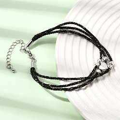 Black Polyester Multi-Strand Bracelets, Brass Heart Bead Bracelets with 202 Stainless Steel Lobster Claw Clasps, Platinum & Stainless Steel Color, Black, 7.09 inch(18cm)