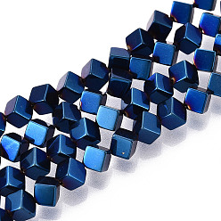 со Синим Покрытием Гальванические нити из синтетических немагнитных гематитовых бусин, вакуумное покрытие pvd, диагональные кубические бусины, с покрытием синим, 5.5x5.5x5.5 мм, отверстие : 0.8 мм, около 0.8~0.9 мм, около 76~79 шт / нитка, 15.35~15.75'' (39~40 см)