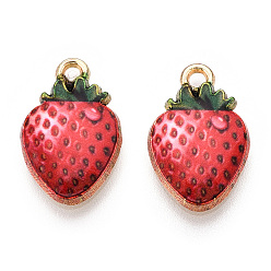 Crimson Printed Alloy Pendants, Lead Free & Cadmium Free & Nickel Free, Strawberry Charm, Light Gold, Crimson, 17x10.5x2.5mm, Hole: 1.8mm