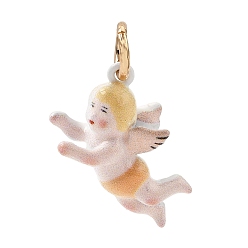 Orange Printed Brass Pendants, Angel Charms, Golden, Orange, 17x11x7mm, Hole: 4mm