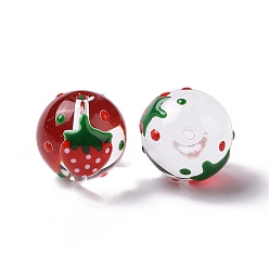 Strawberry Transparent Glass Beads, with Enamel, Round, Red, Strawberry Pattern, 14~15x13~13.5mm, Hole: 1.5~1.6mm