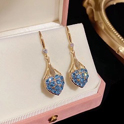Sapphire Alloy Rhinestone Teardrop Dangle Earrings for Women, Light Gold, Sapphire, 30mm