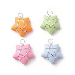 Platinum Opaque Resin Pendants, with Copper Wire Wrapped, Mixed Color, Star Charm, Platinum, 22x18.5~19.5x7.5~8mm, Hole: 3.5~4mm