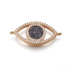 Prussian Blue Brass Micro Pave Cubic Zirconia Links connectors, with Electroplate Natural Druzy Quartz, Eye, Golden, Prussian Blue, 29x13~13.5x3~4.5mm, Hole: 1.2mm