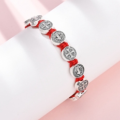 Красный Женский плетеный браслет из нейлоновой веревки, браслеты из сплава Святого Бенедикта, красные, внутренний диаметр: 1-7/8~3-5/8 дюйм (4.9~9.1 см)