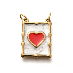 Белый 304 нержавеющей стальной эмали подвески, с целью перехода в кольце, золотые, прямоугольник с подвеской в виде сердца, белые, 20x15x3 мм, отверстие : 3.5 мм
