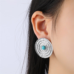 Stainless Steel Color 304 Stainless Steel & Synthetic Turquoise Stud Earrings for Women, Spiral, Stainless Steel Color, 31mm