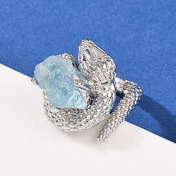 Аквамарин Открытые кольца-манжеты из натурального аквамарина в форме змеи, латунные регулируемые кольца для женщин, долговечный, платина, внутренний диаметр: 18x21 мм