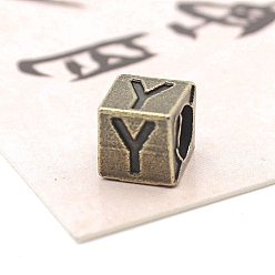 Letter Y Европейские бусины из антикварного бронзового сплава, бусины с большим отверстием, куб с письмом, Письмо Y, 7x7x7 мм, отверстие : 5 мм