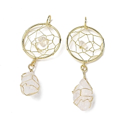 Хрусталь Большие подвески из необработанного натурального кварцевого кристалла, обернутые медной проволокой, подвески из плетеной паутины/сетки с драгоценными камнями и латунными кольцами, золотые, стойки покрытие, 73~76x30~30.5x10~12.5 мм, отверстие : 6~6.5 мм