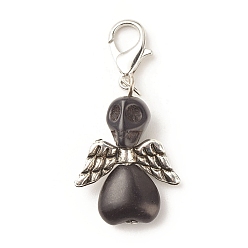 Black Dyed Synthetic Turquoise Pendant Decorations, with CCB Plastic Beads and Alloy Clasps, Skull with Wing, Black, 45mm, Skull: 29.5x20x9.5mm