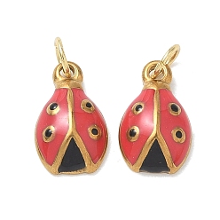 Real 18K Gold Plated 304 Stainless Steel Enamel Pendants, Ladybug/Ladybird Charms, Ion Plating(IP), Real 18K Gold Plated, 14x8.5x4mm, Hole: 4mm