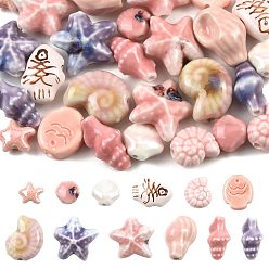 Couleur Mélangete 28 pièces 13 styles perles de porcelaine faites à la main sur le thème de l'océan, porcelaine émaillée lumineux, formes mixtes, couleur mixte, 10.5~22x10.5~22.5x6~10mm, Trou: 1.6~2mm