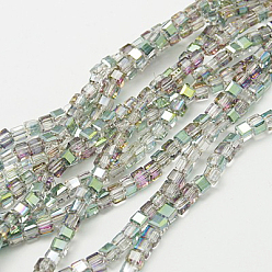 Green Electroplate Glass Beads Strands, Half Plated, Faceted Cube, Green, 4x4x4mm, Hole: 1mm, about 100pcs/strand, 16.9 inch