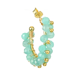 Amazonite Natural Amazonite Round Beaded Ring Stud Earrings, Golden Brass Wire Wrap Half Hoop Earrings, 30x30x7mm