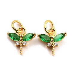 Dark Green Brass Micro Pave Cubic Zirconia Charms, Real 18K Gold Plated, Cadmium Free & Lead Free, Autumn Pendants, Dragonfly, Dark Green, 10x10.5x3mm, Hole: 3.8mm