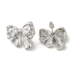Platinum Brass Stud Earrings, with Clear Cubic Zirconia for Women, Heart with Bowknot, Platinum, 23x25.5mm
