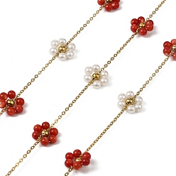 Красный Ручная работа 304 цепочки из нержавеющей стали с бусинами, пайки, с окрашенными бусинами из ракушек и жемчужинами из АБС-пластика и катушкой, ионное покрытие (ip), реальный 18 k позолоченный, красные, 9.5~10x8~9x3~3.5 мм