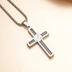 Stainless Steel Color Religion 304 Stainless Steel Pendant Necklaces for Men, Cross, Stainless Steel Color, 23.62 inch(60cm)
