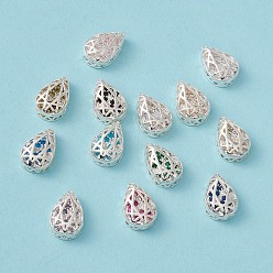 Mixed Color Rack Plating Brass Micro Pave Cubic Zirconia Multi-strand Links, Cadmium Free & Lead Free, Teardrop, Silver Color Plated, Mixed Color, 14x9.5x5mm, Hole: 1.2mm