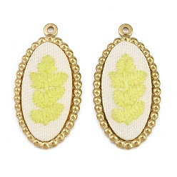 Real 18K Gold Plated 304 Stainless Steel & Embroidered Pendants, Oval witLeaf Charms, Champagne Yellow, Ion Plating(IP), Long-Lasting Plated, Real 18K Gold Plated, 32.5x17x3mm, Hole: 1.4mm