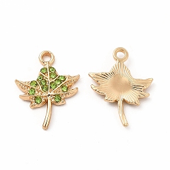 Olivine Rack Plating Eco-friendly Alloy Rhinestone Pendants, Maple Leaf Charm, Golden, Olivine, 21x16.5x2.5mm, Hole: 1.2mm