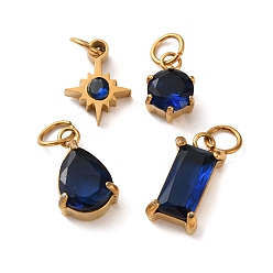 Dark Blue 4Pcs 4 Styles 304 Stainless Steel & Glass Pendants, Star & Flat Round & Teardrop & Rectangle, with Jump Ring, Faceted, Ion Plating(IP), Long-Lasting Plated, Dark Blue, 10~14x6.5~8x3~5mm, Hole: 3mm