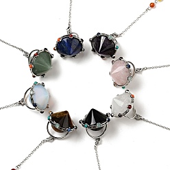 Смешанные камни Маятники с конусом из натуральных и синтетических драгоценных камней, конус очарование, с фурнитурой из латуни и сплава платинового тона и бусинами из смешанных камней чакры, без кадмия и без свинца, смешанные окрашенные и неокрашенные, 240~245 мм, Кулон : 39~41x41~42 мм, отверстие : 2x2.5 мм