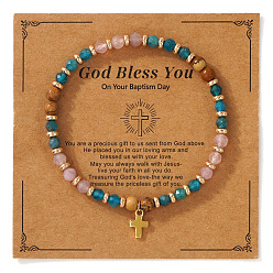 Смешанные камни Винтажные латунные браслеты с крестиками-подвесками, браслеты из натуральных смешанных драгоценных камней с круглыми бусинами для женщин и мужчин, с открытки, 6.89 дюйм (17.5 см)