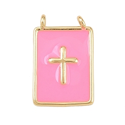 Pink Латунь эмаль подвески, прямоугольник с поперечными прелести, без свинца и без кадмия, долговечный, реальный 18 k позолоченный, стойки покрытие, розовые, 18.5x12x3 мм, отверстие : 1.2 мм