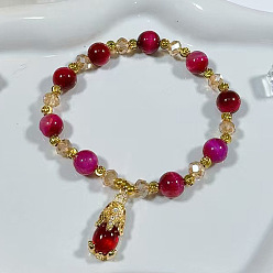 Темно-Розовый Браслеты из окрашенных натуральных бусин тигрового глаза, браслеты из энергетических камней фэн-шуй, Pi Xiu, темно-розовыми, 6-3/4 дюйм (17 см)