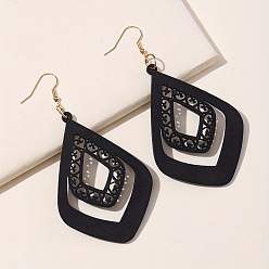Black Iron Wood Dangle Earrings for Women, Teardrop, Golden, Black, 92x48mm