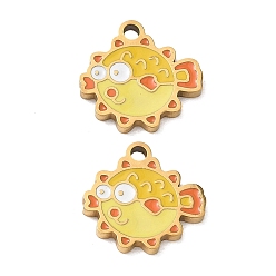 Fish 304 Stainless Steel Enamel Pendants, Ion Plating(IP), Golden, Pufferfish Charms, 12.5x13x1.5mm, Hole: 1.5mm