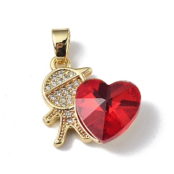 Red Real 18K Gold Plated Rack Plating Brass Micro Pave Clear Cubic Zirconia Pendants, with Glass, Long-Lasting Plated, Cadmium Free & Lead Free, Boy with Heart Charm, Red, 19.5x18x7.5mm, Hole: 5.5x3.5mm