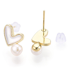 Real 18K Gold Plated Natural White Shell Heart & Pearl Stud Earrings, Brass Earring with 925 Sterling Silver Pins, Real 18K Gold Plated, 14x8.5mm, Pin: 12x0.8mm