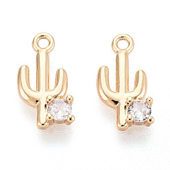 Настоящее золото 18K Латунные микропаве прозрачные кубические циркониевые подвески, без кадмия, без никеля и без свинца, кактус, реальный 18 k позолоченный, 11.5x6x2 мм, отверстие : 1 мм
