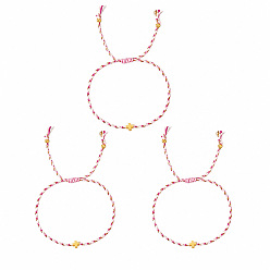 Pink Браслеты из латуни с религиозным крестом и бусинами, плетеные из хлопкового шнура, для женщин, регулируемые штабелируемые браслеты, золотые, розовые, 11.02 дюйм (28 см), 3 шт / комплект