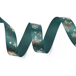 Verde azulado 20 yardas de cinta de raso de poliéster con estampado navideño, para la boda, regalo, decoración de fiesta, patrón de copo de nieve estampado en oro, cerceta, 1 pulgada (25 mm), aproximadamente 20.00 yardas (18.29 m) / rollo