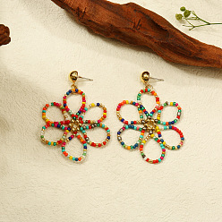 Разноцветный Серьги-гвоздики с подвесками в виде цветка из латунного стекла и бисера, золотые, красочный, 58x43 мм