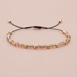 Прозрачный Браслеты из плетеных бусин из круглых стеклянных и латунных бусин, регулируемые плетеные браслеты из волоконного шнура для женщин, золотые, прозрачные