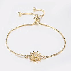 Золотой Регулируемые латунные браслеты из микропаве из циркония и боло, слайдерные браслеты, цветок, золотые, 10-1/4 дюйм (260 мм), 1.2 мм