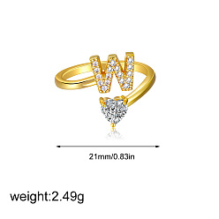 Letter W Латунные кольца-манжеты с микропаве из прозрачных кубических цирконий, сердце, золотые, Буква W, 21 мм
