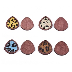 Mixed Color Eco-Friendly Cowhide Leather Pendants, with Dyed Wood, Teardrop with Leopard Print, Mixed Color, 41x37.5x4mm, Hole: 1.2mm