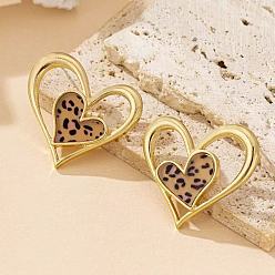 Цвет Древесины Серьги-гвоздики из цинкового сплава с акриловым леопардовым принтом, сердце, золотые, деревесиные, 40x38 мм